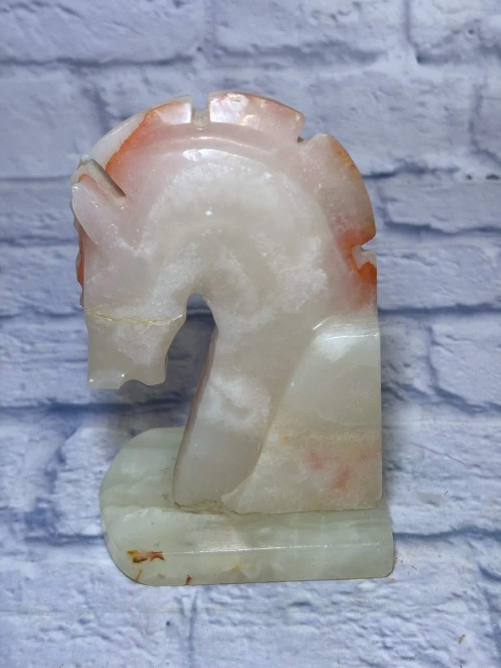 Vintage Hand-Carved Onyx Stone Trojan Horse Head Bookends MCM Art Deco